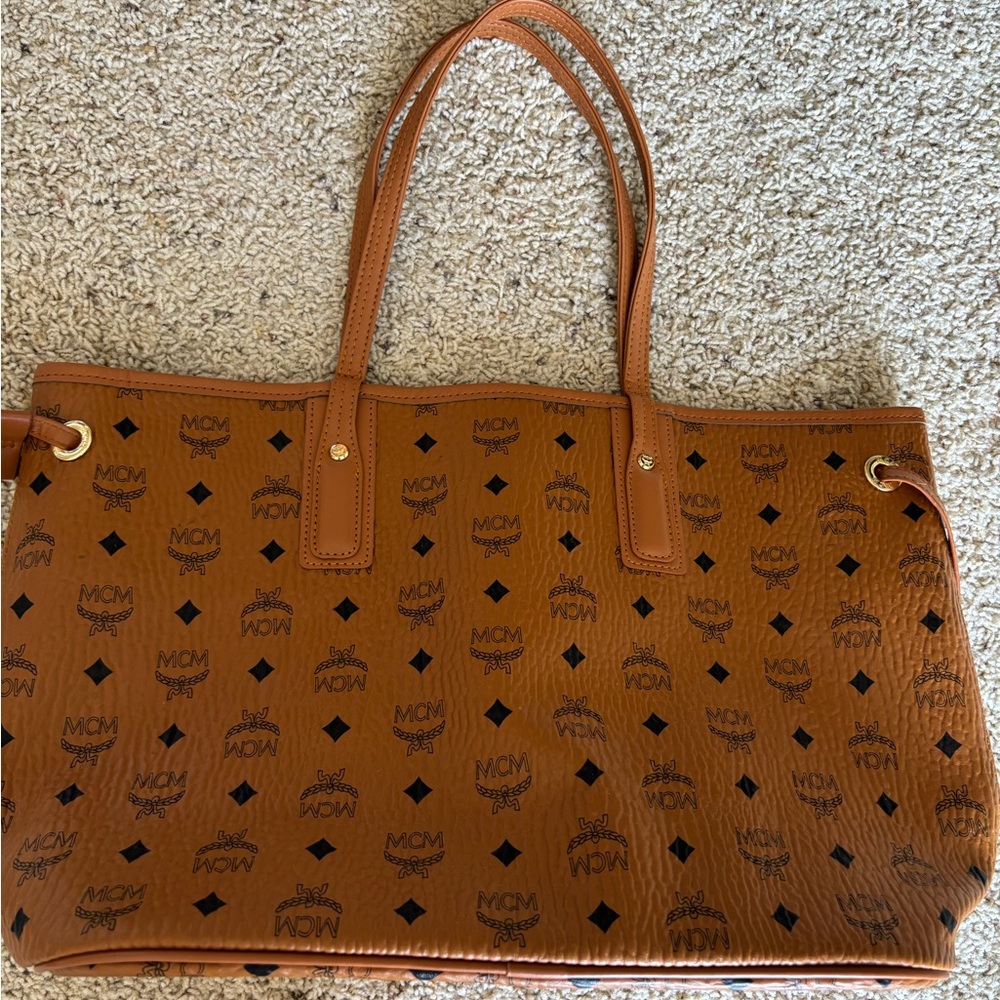 Reversible MCM Tan Visetos Tote Bag with Iconic Monogram